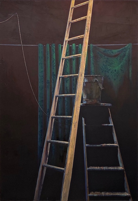 Katrin Brause aka Heichel: Bühne II [Leitern], 2016/2020, 
Öl auf Leinwand, 260 x 180 cm 

